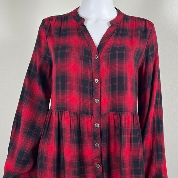 Knox Rose Womens Size M Red Plaid Long Sleeve Tiered Button Down Mini Dress - Picture 3 of 13